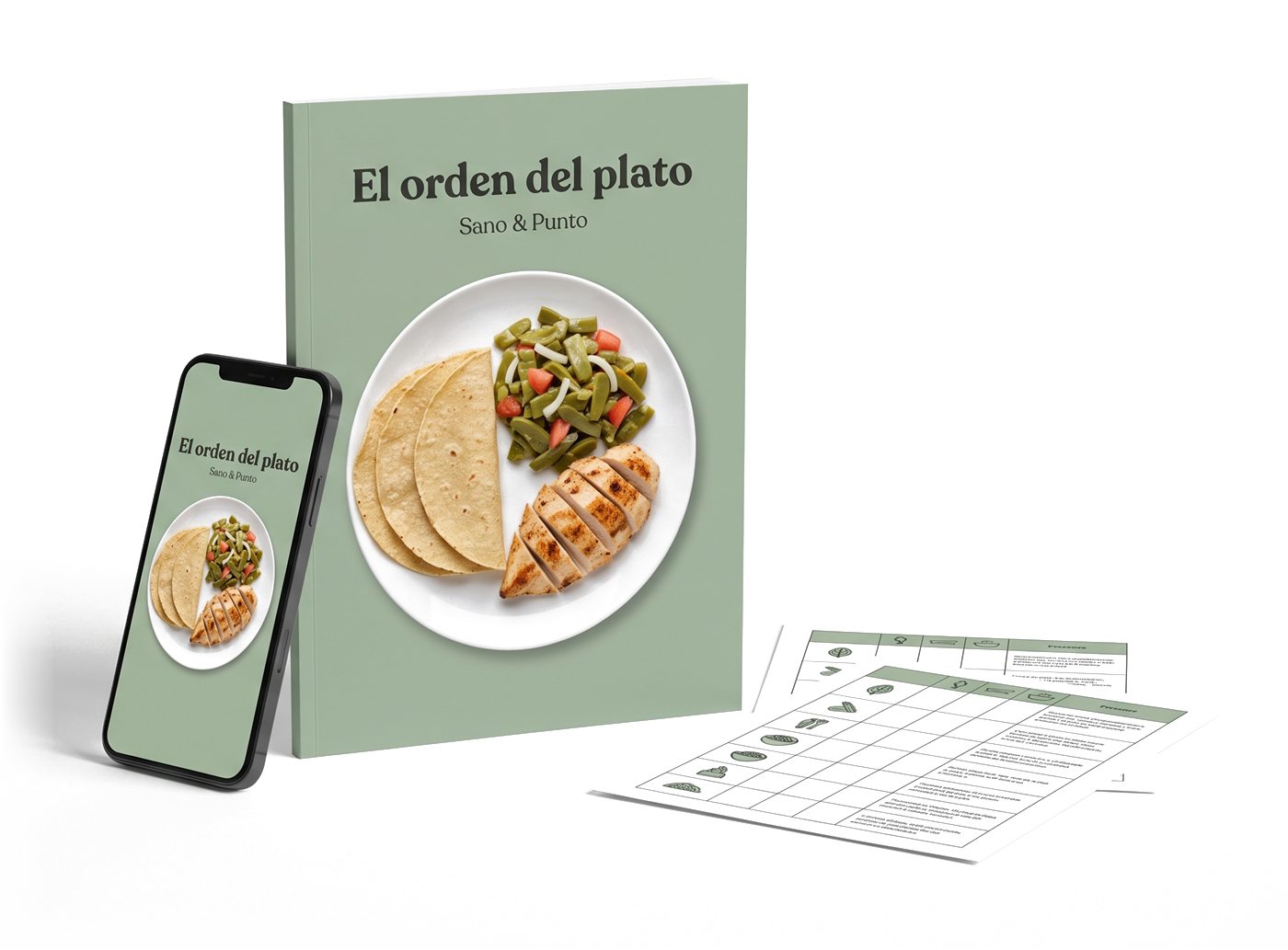 Guía El orden del plato de Sano & Punto, en versión impresa y en el celular, con las tablas de porciones